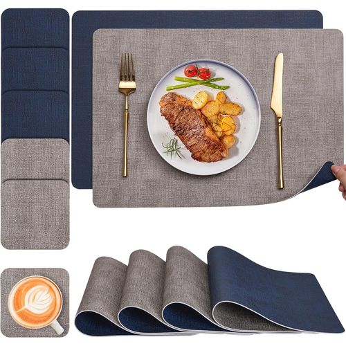 Kalanka-Set De Table Et Dessous De Verre , Sets De Table Lavable Double Face Bicolore En Cuir, Set Table Antidérapants Faciles À Nettoyer, Set De Table Lot De 6