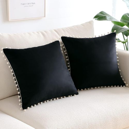Cauc-Lot De 2 Housses De Coussin Décoratives En Velours Doux Pompons Taies D'oreiller Décoration D'intérieur Housse Coussins Pour Canapé Lit Chaise Chambre Salon (40x40 Cm, Noir)