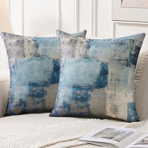 Tianyi-Housse De Coussin 45 X 45 Cm Housse Coussin Bleu Marine Gris Blanc Coussin Décoratif Coussin De Canapé En Lin Coussin Canape Decoration Esthétique Abstraite Lot De 2 Pour Salon