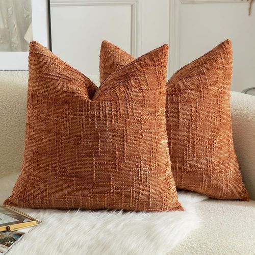 CAUC-Lot de 2 Housses de Coussin en Chenille Douce Design Texturé Noeud de Bambou Décoration Élégante pour Canapé Lit ou Salon 50x50 cm Rouge Brique Brûlé\u200b