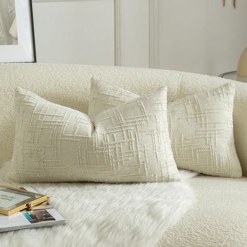 CAUC-Lot de 2 Housses de Coussin en Chenille Douce Design Texturé Noeud de Bambou Décoration Élégante pour Canapé Lit ou Salon 30x50 cm \u200bBlanc Crème