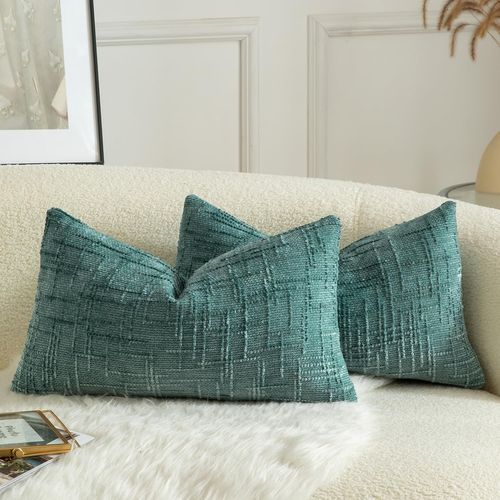 CAUC-Lot de 2 Housses de Coussin en Chenille Douce Design Texturé Noeud de Bambou Décoration Élégante pour Canapé Lit ou Salon 30x50 cm Sarcelle