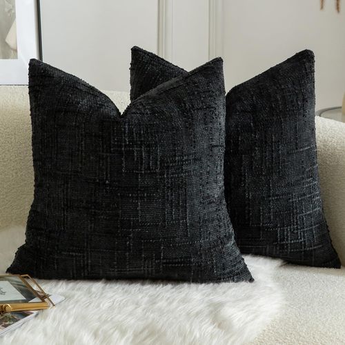 CAUC-Lot de 2 Housses de Coussin en Chenille Douce Design Texturé Noeud de Bambou Décoration Élégante pour Canapé Lit ou Salon 50x50 cm Noir\u200b