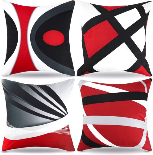 KALANKA-Housse de Coussin 45x45 Géométrique Moderne Coussin Rouge Noir Gris Coussin Canapé Decoratif Irrégulier Rayures Velours Taie d'oreiller 4 Pièces Double Face Coussin Deco pour Maison Salon Cha