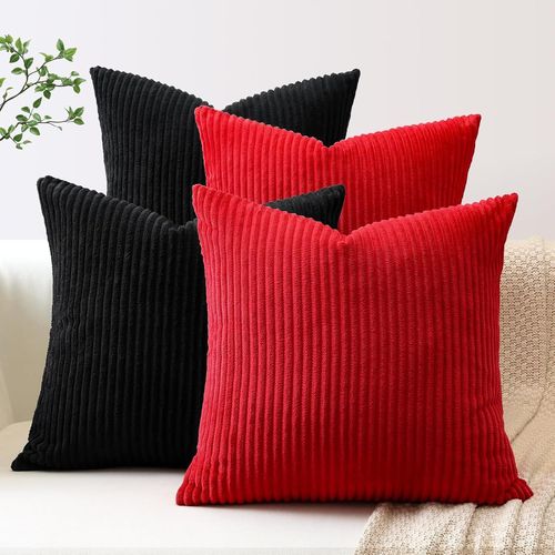 Slep-Lot De 4 Housse De Coussin En Velours Côtelé Décoratif Canapé Taie D'oreiller Doux Decoration Pour Maison Salon Chambre Canapé Décoration 45x45cm (Rouge Noir)