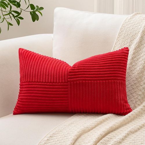 Tianyi-Lot De 1 Housse De Coussin Décoratif, Taie D'oreiller Lombaire Douce En Velours Côtelé Uni À Rayures Avec Motif De Croix Et Patchwork Pour Canapé, Lit, Terrasse, 40 X 60 Cm, Rouge