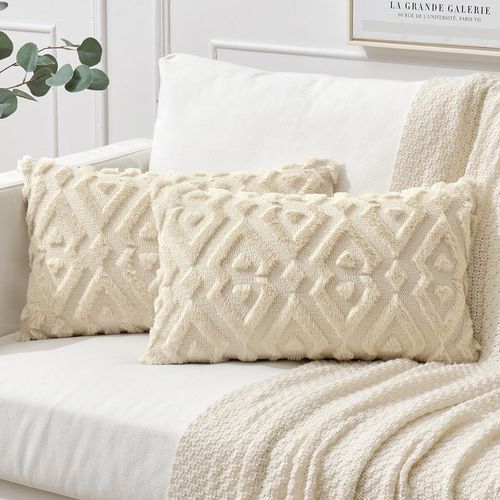 Tianyi-Lot De 2 Noël Housse De Coussin En Fausse Fourrure Doux Coussin Decoratif Luxe Style Fourrure Moelleux Doux Confortable Décoratif Pour Salon Chambre Canapé 40x60cm Beige