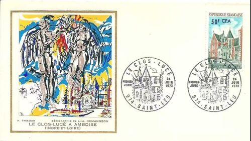 France, La Réunion 1974, Très Belle Enveloppe 1er Jour, Timbre Yvert 1759 - Le Clos Lucé À Amboise Surchargé Francs Cfa - Belle Sérigraphie De Demangeon.