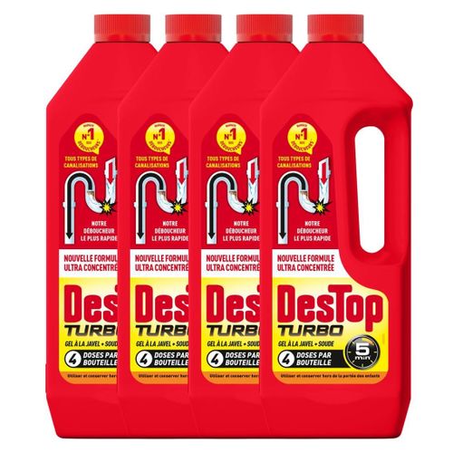 DESTOP Lot de 4 Gels désinfectant et déboucheur canalisation Turbo 5 min - 4 doses - 1L
