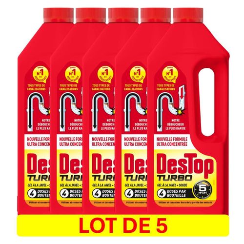 DESTOP Lot de 5 Gels désinfectant et déboucheur canalisation Turbo 5 min - 4 doses - 1L