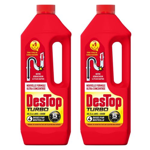 DESTOP Lot de 2 Gels désinfectant et déboucheur canalisation Turbo 5 min - 4 doses - 1L