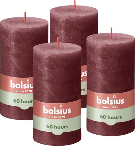 KALANKA- Lot de 4 bougies pilier rustiques - Bordeaux foncé -13 x 7 cm - Longue durée de combustion de 60 heures - Non parfumée - Cire végétalienne