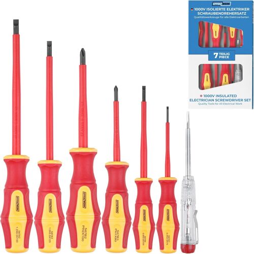 SUBZONAL-Jeu de 7 tournevis pour électriciens - 4 tournevis plats et 2 tournevis Phillips avec testeur de tension - 1000V isolé et testé VDE avec pointes magnétiques