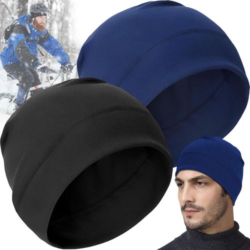 Sept-2 Pièces Bonnet Homme, Bonnet Homme Hiver, Skull Cap Bonnets, Bonnet De Course, Bonnet Running Homme, Casquette De Doublure De Casque De Vélo, Doublure De Casque Pour Le Running (Noir, Bleu)
