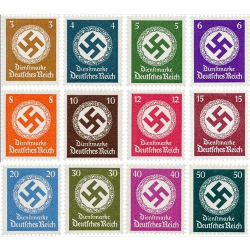 Allemagne, 3ème Reich 1942, Belle Série Complète Timbres De Service Neufs* Yvert 127 À 138, Croix Gammée Dans Couronne De Feuilles De Chêne, Sans Filigrane.