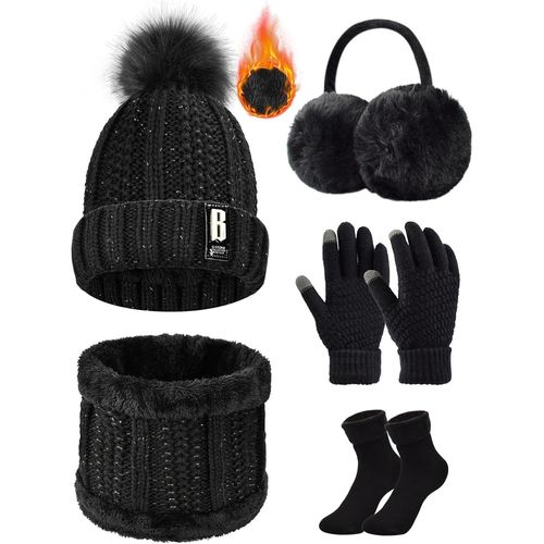 Sept-5 Pièces Ensemble De Ski D¿Hiver De Femme Tricotés Ensemble D'hiver Bonnet Chaude Écharpe Gants En Tricot Cache-Oreilles Chaussettes Chapeau Pompon