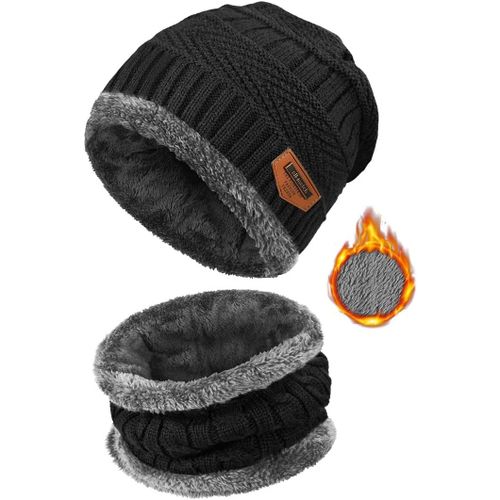 Sept-2 Pièces Chaud Bonnet Chapeau Écharpe Tricot Et Tour De Cou Avec Doublure Polaire Ensemble Bonnet Echarpe Homme Femme Bonnet Hiver Et Écharpe