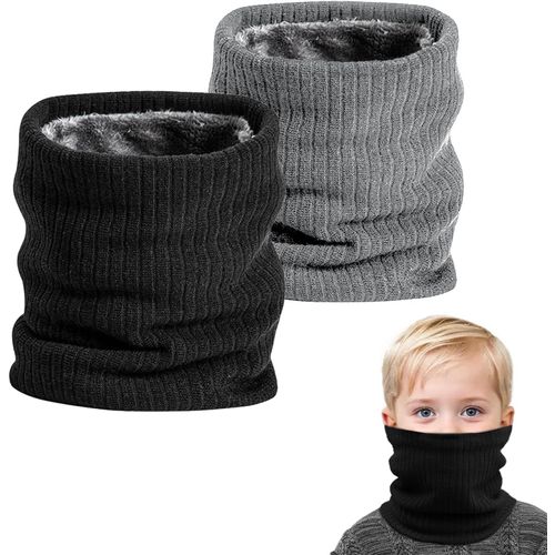 Qxer-2 Pièces Tour De Cou Pour Enfants, Polaire Cache Cou, Gaiter Masque Cagoule Cache-Cou Hiver Écharpe Coupe-Vent Ski Élastique Épais Snood Pour Moto Ski Marche Course Voyage, Noir Et Gris Clair