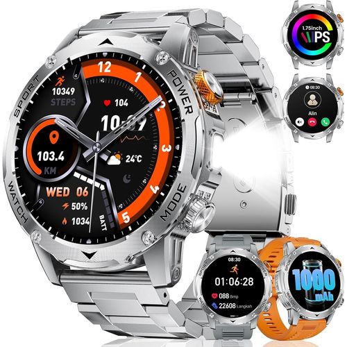 Montre Connectée Homme, Appel Bluetooth Et Assistant Vocal, Batterie 1000 Mah, Lampe Torche Led, Grand Écran 1,75"", 100+ Modes Sportifs, Smartwatch Pour Android Ios, Argent