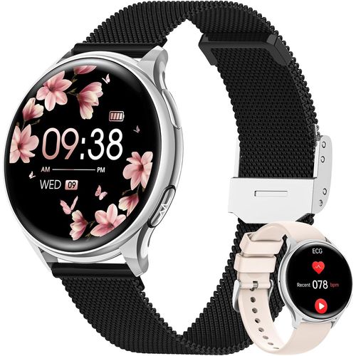Montre Connectée Femme Avec Appel Bluetooth 5.3, 1.27"" Hd Smartwatch Avec Ecg+Hrv, 150+ Sport, Santé Au Féminin, 24H Fréquence Cardiaque Sommeil Spo2, Podometre Ip68 Android Ios Noir Argent
