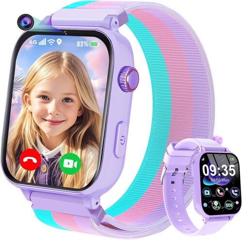 4G Montre Connectée Enfant, Smartwatch Téléphone pour Filles Garçons avec GPS, Appels, WiFi, SOS, Vidéo/Voix Chat, Mode Classe, Alarme, Montre Intelligente Enfants Cadeau 4 à 12 Ans, Violet