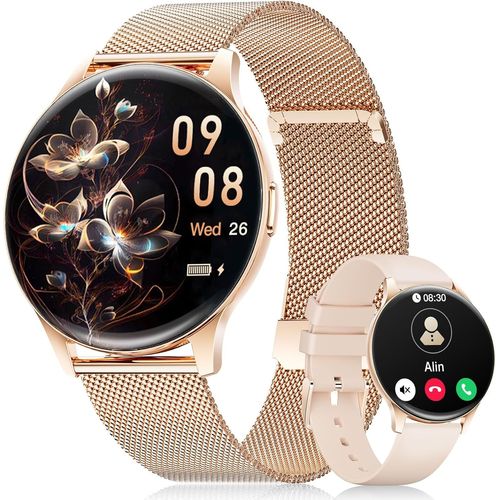 Montre Connectée Femme avec Appel Bluetooth, 1.43"" AMOLED Display Smartwatch Femme avec Fréquence Cardiaque/Sommeil/Fonction Féminine pour Android iOS, 120+ Modes Sportifs, Maille en Or Rose