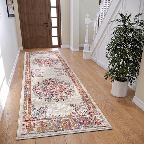Sjzg-Maderno Tapis Oriental Classique Tissé Serré Avec Ornements - Aspect Vintage - Poils Courts Doux - Pour Chambre À Coucher, Salle À Manger, Salon, Couloir - Crème - 80 X 240 Cm