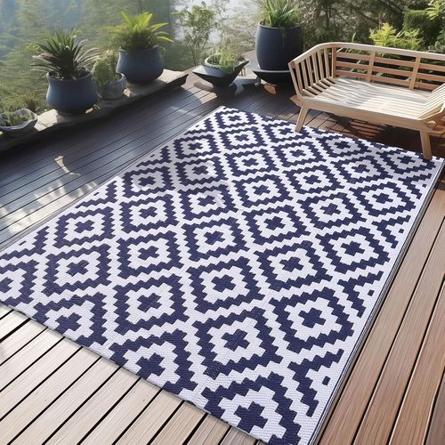 Sjzg-Tapis D'extérieur Résistant Aux Intempéries, En Plastique, Résistant Aux Uv, Réversible, Lavable, Pour Balcon, Jardin, Terrasse, Camping, Pique-Nique (120 X 180 Cm, Bleu Marine Et Blanc)