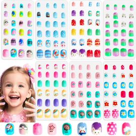 Jum-Kit Faux Ongles Pour Enfants : 7 Designs 168 Pcs Capsule Courts À Couverture Complète En Fleurs Colorées Avec Colle Pré-Appliquée,Cadeau Parfait Pour Filles De 8 À 12 Ans 