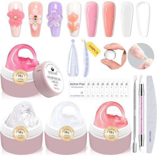 Kal-Gel 3d Nail Art -Gel Construction Ongle Uv 4 Couleurs, Transp., Nude, Rose, Blanc Solid Sculpture Builder Glue Multifonction -Dur Non Collant, 168 Extensions D'ongles Pour Kit Manuc. Diy 15g 