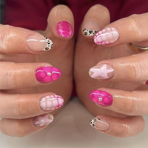 Oayew-24 Pièces Ongles Amande À Presser Motif Léopard Étoile Et Fleur Éclat Ongles En Acrylique Design Printemps Été Faux Ongles Complets 
