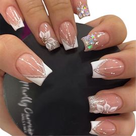 Jum-24 Pièces French Tips Press On Nails Court Carré Faux Ongles Avec Paillettes Paillettes Designs Faux Ongles Faux Ongles Pour Femmes 