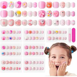 Jum-7 Styles 3d Enfants Faux Ongles,84 Pcs Autocollants Adhésifs Couverture Complètemignons,Capsule Comfortable Couleur Enfant Fille Noël Cadeau 