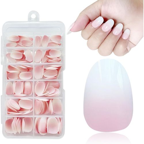 Kal-Faux Ongles Conseils - 168 Faux Ongles Français Pour Le Collage, Blanc Rose Dégradé Design Faux Ongles Almond Nail Art Manucure Pour Les Femmes (Dégradé Rose) 