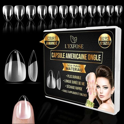 Kal-552 Pcs Capsule Americaine Ongle Amande Courte - 12 Tailles New Pmma Hypoallergenique Faux Ongles Amande Court For Diy Nail Art & Salons Pose Americaine Ongle - Capsule Ongle Amande Courte 