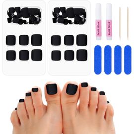 Kal-Faux Ongles Pied Noir In 12 Tailles, Faux Ongles D'orteil Court Couverture Complète, 48pcs French Manucure Court Per Pieds, French Capsule Ongle Pied Pour Femme Fille Manucure 
