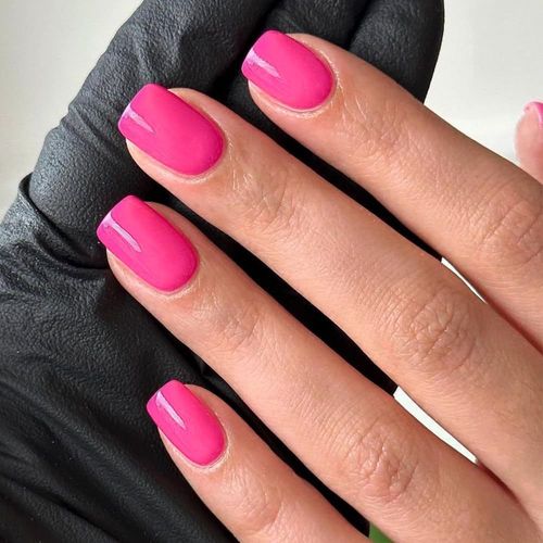 Kal-Faux Ongles Court ,Carré Neon Rose Foncé Clair Unicolore Glossy Press On Nails Avec Colle À Ongles,Rose Pink Color Brillant Acryl Fake Nails 