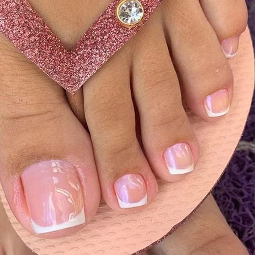 Kal-Faux Ongles Pieds Court Carrés Rose Blanc, Faux Ongles Pieds Français Avec Colle Femmes Ou Filles, Accesoire Idée Cadeau De Noël Mariage Fête Des Mères 