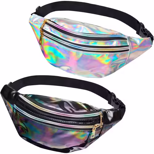 Cauc-2 Pack Sac Banane Femme, Banane Sacoche, Banane Holographique Femme Accessoires Des Années 80 90, Cuir Pu Sacoche Banane Pour Festivals, Randonnée, Course À Pied (Argent + Noir)