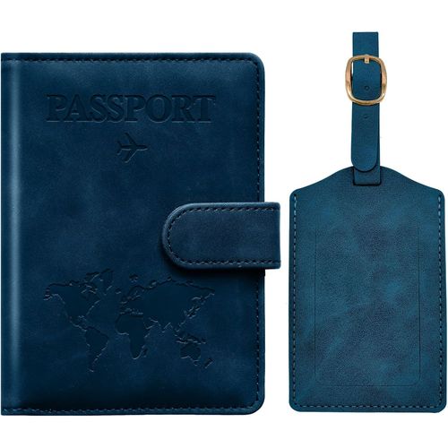 TIANYI-Protege Passeport Francais et Etiquette Valise, Protège Passeport avec Bloqueur RFID, Protège-passeports pour Hommes et Femmes, Passport Cover pour Travel Essentials, Passport Holder (Bleu)