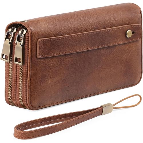 CAUC-Portefeuille Femme Grand, Porte Feuille Feminin Cuir Végétalien Double Fermeture à Glissière, RFID Porte chequier, avec Multiples Poches Portefeuilles et Porte-Cartes Idee Cadeau Femmes