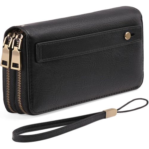 CAUC-Portefeuille Femme Grand, Porte Feuille Feminin Cuir Végétalien Double Fermeture à Glissière, RFID Porte chequier, avec Multiples Poches Portefeuilles et Porte-Cartes Idee Cadeau Femmes
