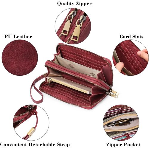 CAUC-Portefeuille Femme Grand, Porte Feuille Feminin Cuir Végétalien Double Fermeture à Glissière, RFID Porte chequier, avec Multiples Poches Portefeuilles et Porte-Cartes Idee Cadeau Femmes