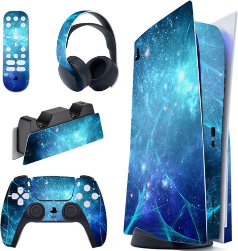 PlayVital Autocollant Skin pour ps5 Manette,Sticker pour ps5 Console Disc Edition & Station de Charge & Casque & Télécommande-Nébuleuse Bleue
