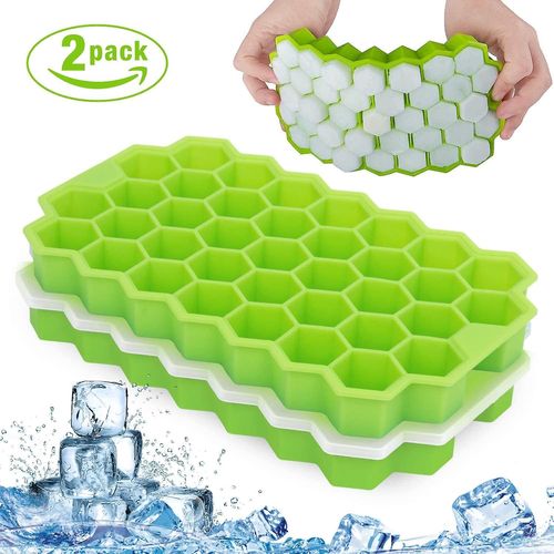 Bacs À Glaçons, Lot De 2, 74 Glaçons, En Silicone, Avec Couvercle Amovible, Empilables, En Nid D'abeille, En Gel De Silice, Vert + Vert, Avec Couvercle, 2 Pièces