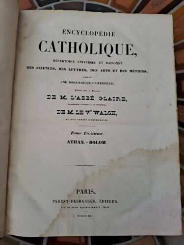 Encyclopedie Catholique Abbé Glaire T3 1841. Ancien Livre Vintage