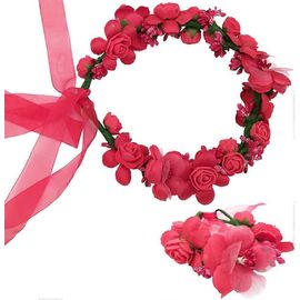 Guirlande de fleurs de mariage réglable avec bracelet floral, couronne de cheveux, décoration de couronne (rouge vif)