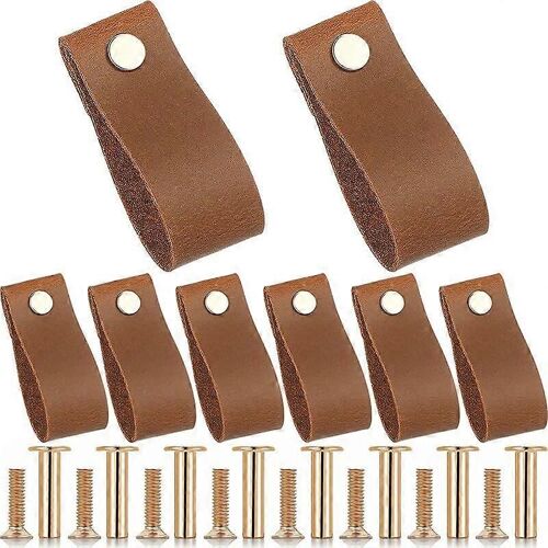 Lot de 8 poignées de tiroir en cuir avec vis dorées