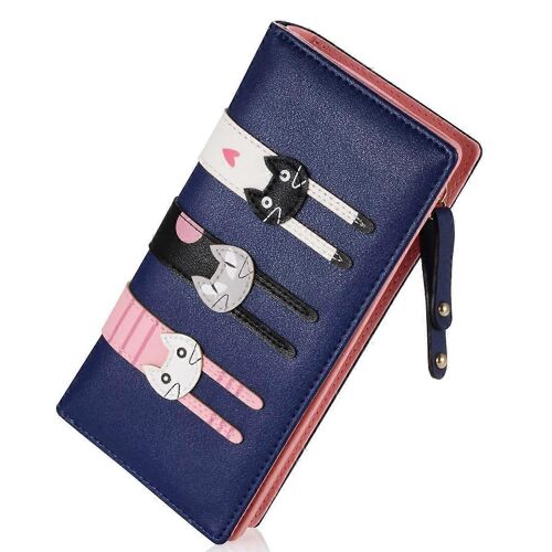 Portefeuille femme motif chat mignon, porte-monnaie, portefeuille long à deux volets avec fermeture éclair, unisexe, bleu foncé