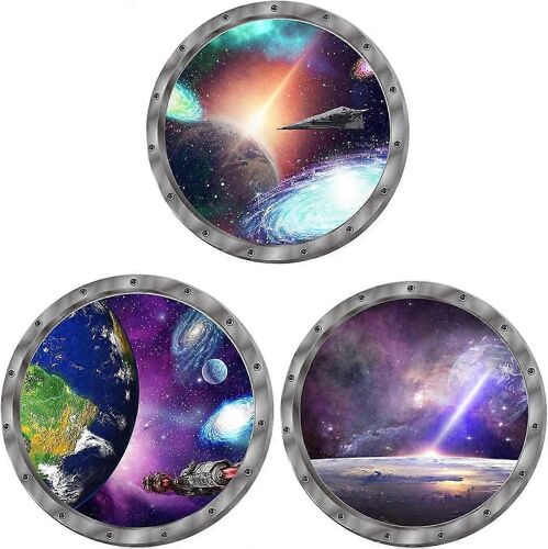 Autocollants muraux 3D Planète Univers Galaxie Espace Extra-atmosphérique Autocollants muraux de vaisseau spatial, 3 pièces Autocollants muraux amovibles pour fenêtre de capsule spatiale